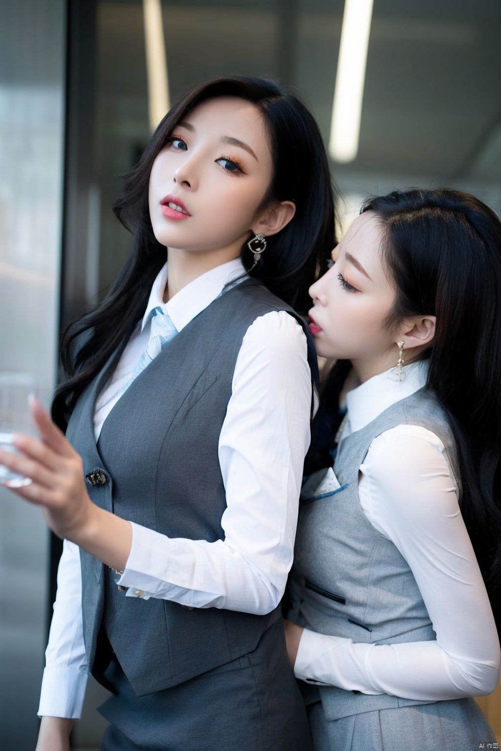 2 girls,  jewelry, long hair, earrings, skirt, black hair,office, vest,  shirt, suit,from side, lips, white shirt, blue eyes, makeup, long sleeves, standing, parted lips,lipstick, profile, grey vest, grey skirt, blurry, blue vest, skirt suit, looking up,good anatomy, good proportions, shapely body,
