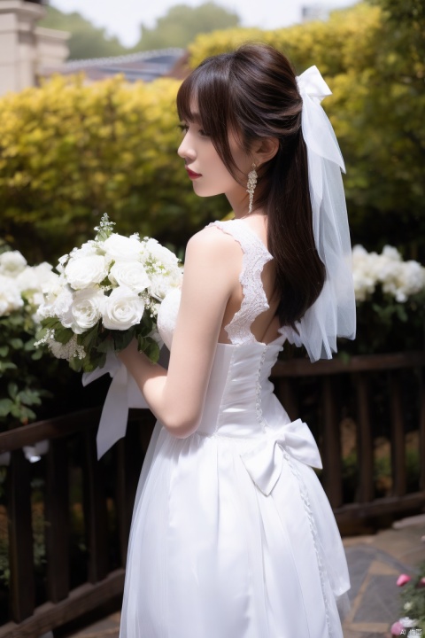 1girl, solo, bouquet, flower, dress, jewelry, earrings, long hair, brown hair, white dress, wedding dress, white flower, veil, rose,  bare shoulders, holding bouquet, from behind, white rose, outdoors, profile, sleeveless dress, standing, hair bow, bridal veil, bride, sleeveless, bow, ribbon, black hair, red lips, from side, hair ribbon, lips, breasts, cowboy shot, lipstick, half updo, hand on own face,sunlight,look at viewer