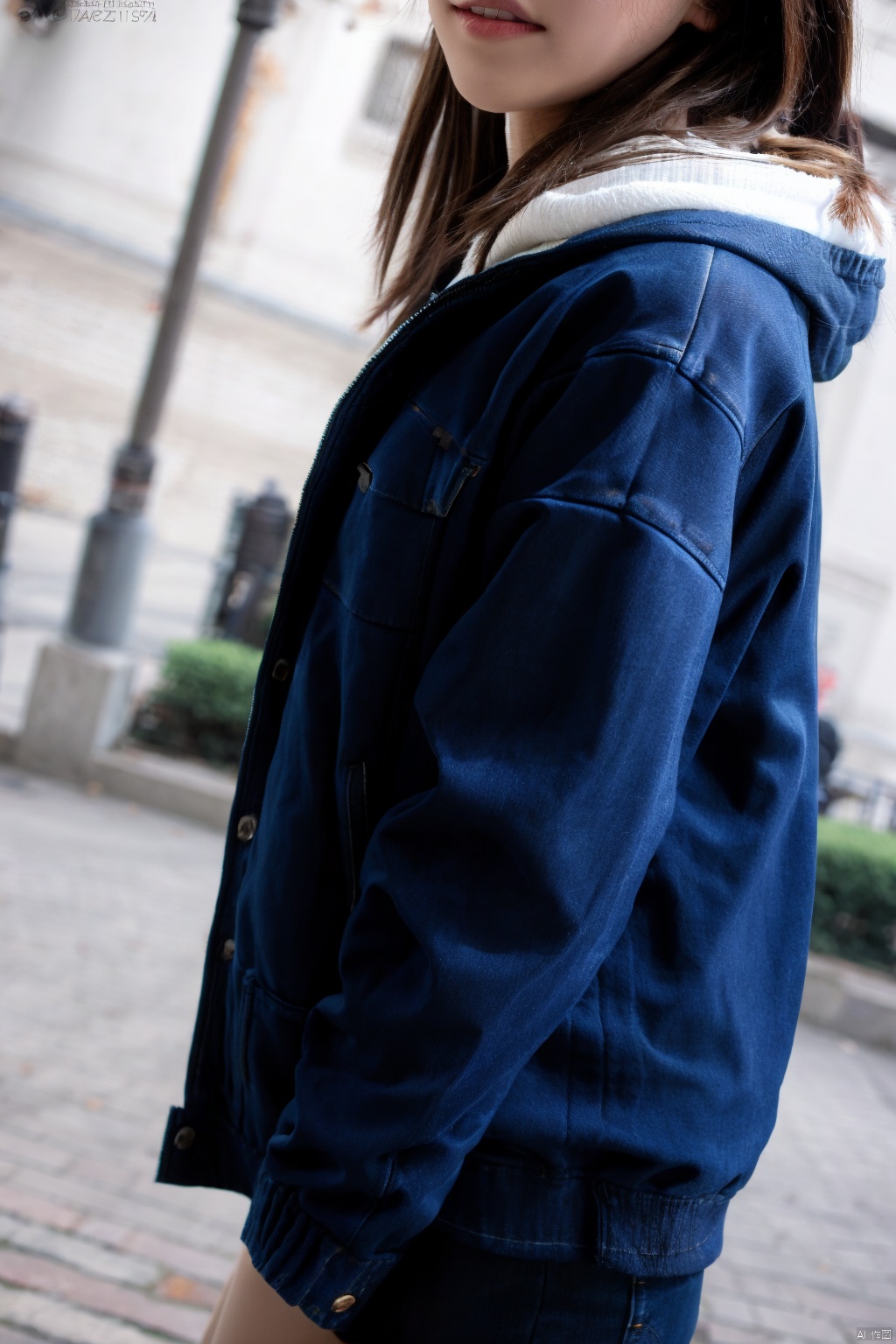  1girl, denim, denim jacket, brown hair, bag, blurry, realistic, jeans, jacket, blurry background, looking at viewer, outdoors, smile, brown eyes, hood, lips, depth of field, long hair, handbag, solo, bangs, solo focus, blue jacket, day, hood down, sky, parted lips, pants, teeth, from side, hoodie, denim shorts, looking to the side, long sleeves, dutch angle ,