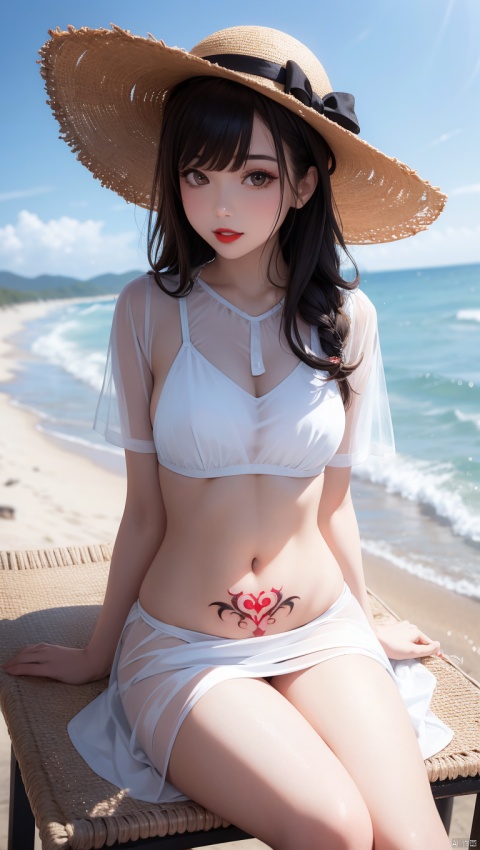  1girl,hat, long hair, solo,outdoors, black hair, dress, white dress, sun hat, looking at viewer, day, black eyes, chair,abdomen, see through dress hemline,(abdomentattoo4,abdomen tattoo:1.4),beach, ocean, blurry, parted lips, dutch angle, straw hat, lipstick, bangs, makeup, water, scenery, sky, red lips, brown eyes, blurry background, depth of field, sitting, realistic, sundress,blunt bangs, umbrella,
