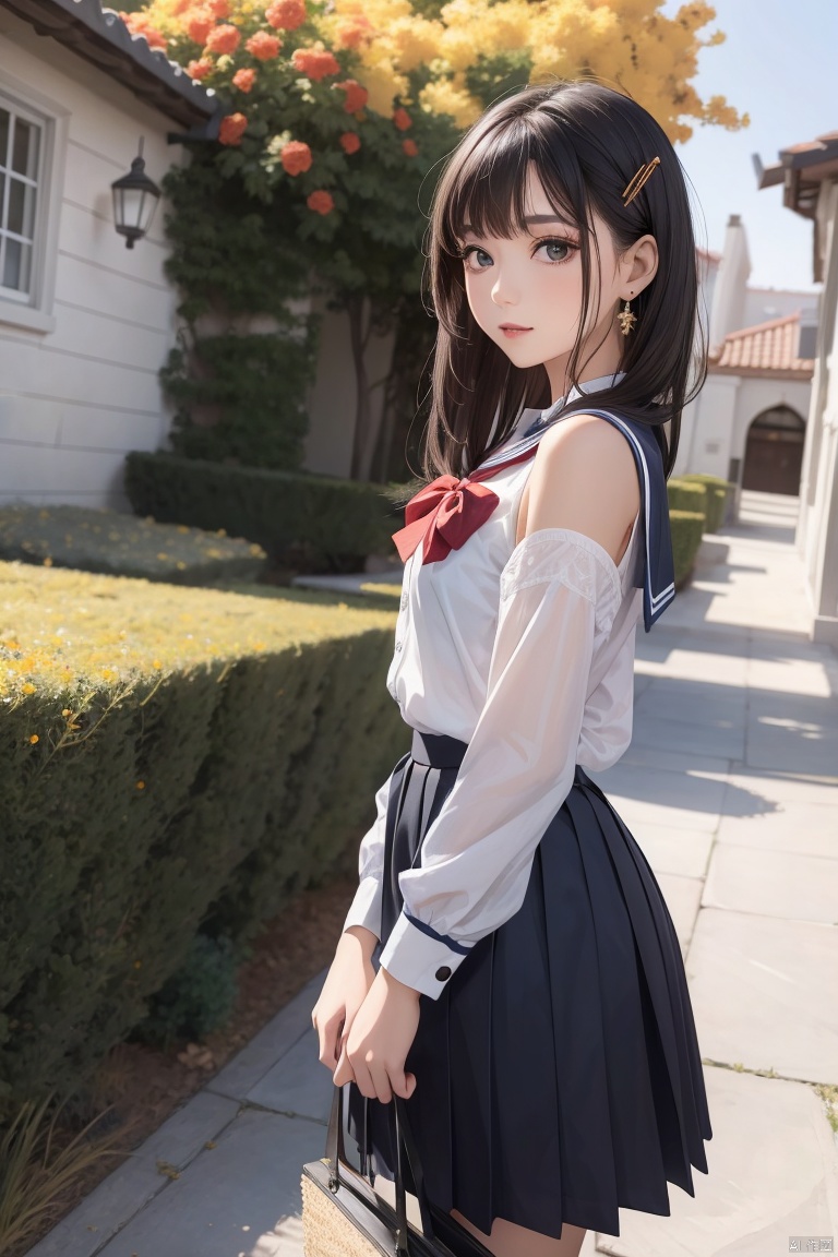  1girl, qqbosha,makeup,good face,long hair, shirt, skirt, hair ornament,bangs, jewelry, earrings,bare shoulders,cowboy shot,school uniform, red bowtie, bangs,sailor collar,blue sailor collar,black hair, white shirt, blue skirt, red bow, pleated skirt, pleated dress,long sleeves, look at viewer,outdoors, (Sunny Day, Walking in the Garden), (masterpiece, best quality),