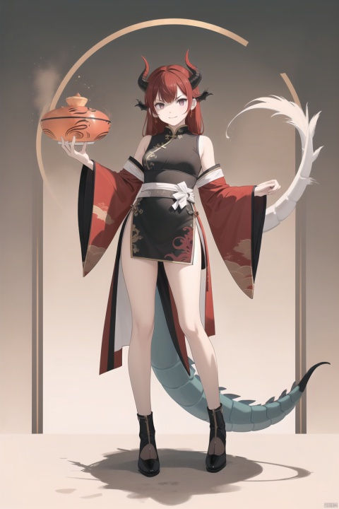  lbbd,ragon,red,anger,angry,horns,tail,dragon tail,red hair,dragon horns,standing,smile, chinese, dofas,chinese new year