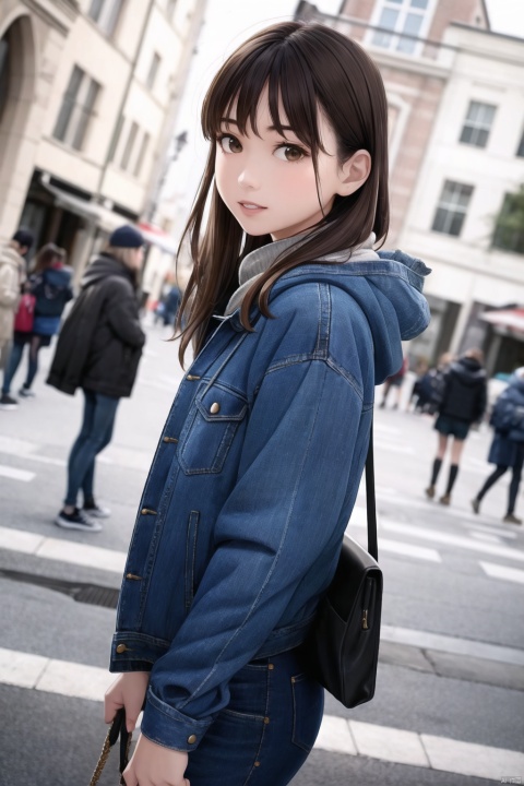  1girl, denim, denim jacket, brown hair, bag, blurry, realistic, jeans, jacket, blurry background, looking at viewer, outdoors, smile, brown eyes, hood, lips, depth of field, long hair, handbag, solo, bangs, solo focus, blue jacket, day, hood down, sky, parted lips, pants, teeth, from side, hoodie, denim shorts, looking to the side, long sleeves, dutch angle ,