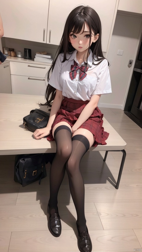  1girl,liips,shirt, skirt, long hair, plaid, pantyhose,shoes, full body, long hair, white shirt, torn clothes, school uniform, plaid skirt, short sleeves, torn pantyhose, sitting, knees together feet apart, pleated skirt, black pantyhose, loafers,black footwear, bangs, drawer, red skirt, thighhighs, cleft of venus, black skirt, arm support,indoors,