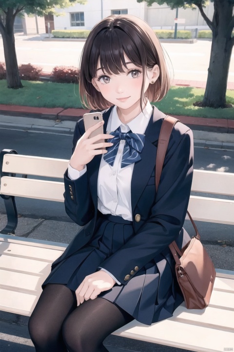  1girl, solo, brown hair, skirt, pantyhose, bag, short hair, phone, school uniform, looking at viewer, bench, cellphone, black pantyhose, sitting, jacket, realistic, outdoors, brown eyes, shirt, holding, leaf, bangs, holding phone, blazer, smartphone, pleated skirt, black jacket, blue skirt, school bag, smile, lips, long sleeves, white shirt, collared shirt, uniform, closed mouth, day, backpack,