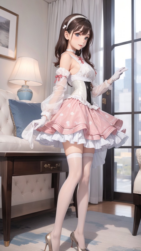  1girl, solo, sakuma mayu, brown hair, gloves, hairband, dress, blue eyes, ribbon, looking at viewer, choker, smile, thighhighs, print dress, chinese dress,full body, bow, bare shoulders, detached sleeves, curtains, short hair, pantyhose, white gloves, frills, lips, artist name, standing, puffy detached sleeves, wooden floor, hair ornament, long hair, shoes, red footwear, pink footwear, bangs, high heels, tutu, breasts, white dress, white pantyhose, white thighhighs, medium hair, signature, hair bow, puffy sleeves, red ribbon, ballet slippers, see-through, corset, watermark, heart, ballerina, hair ribbon, skirt, blunt bangs, indoors, white background