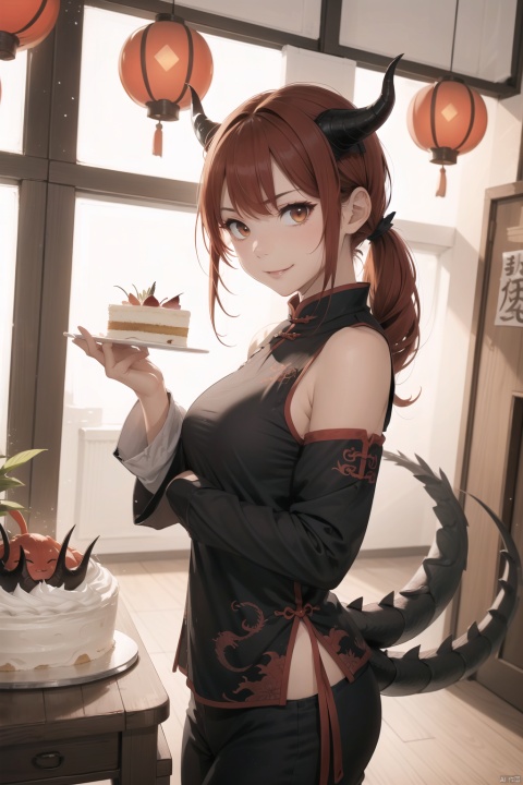  lbbd,ragon,red,anger,angry,horns,tail,dragon tail,red hair,dragon horns,standing,smile, chinese, dofas,chinese new year,eat cake