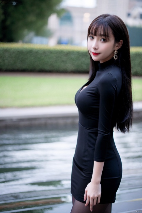 1girl, solo, bag, long hair, handbag, looking at viewer, brown hair, dress, earrings, jewelry, red lips, lips, bangs, from side, outdoors, long sleeves, holding, lipstick, black dress, makeup, breasts, skirt, blurry background, blurry, standing, smile, see-through, black hair, holding bag, black skirt, medium breasts, brown eyes, blunt bangs, closed mouth, pantyhose, shirt, looking to the side, black eyes, realistic, hoop earrings, day, black bag, pencil skirt, cowboy shot, 
