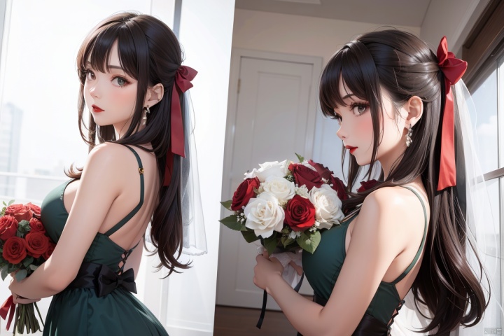  1girl,(3 perspectives, 3 views, simple background, multiple views), solo, bouquet, flower, dress, jewelry, earrings, long hair, brown hair, green dress, wedding dress, red flower, veil, rose, bare shoulders, holding bouquet, white rose,  profile, sleeveless dress,standing, hair bow, bridal veil, bride, sleeveless, bow, ribbon, black hair, red lips, hair ribbon, lips, breasts, cowboy shot, half updo, hand on own face,