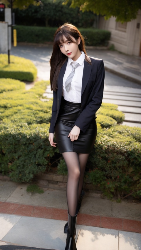  1girl, jacket, skirt, solo, necktie, brown hair, white shirt, shirt, long hair, boots, pantyhose, black skirt, black jacket, black necktie, brown eyes, black footwear, collared shirt, crop top, pencil skirt, outdoors, looking at viewer, knee boots, midriff, full body, open jacket, standing, crossed legs, long sleeves, blurry background, blurry, open clothes, lips, red lips, bangs, smile, head tilt, parted lips, brown jacket, cropped jacket, leather jacket, tree, chain, breasts, shirt tucked in, miniskirt, grey pantyhose, lipstick, walking, leather, belt, high-waist skirt, bush, road, shadow, uniform, realistic, high heels,
