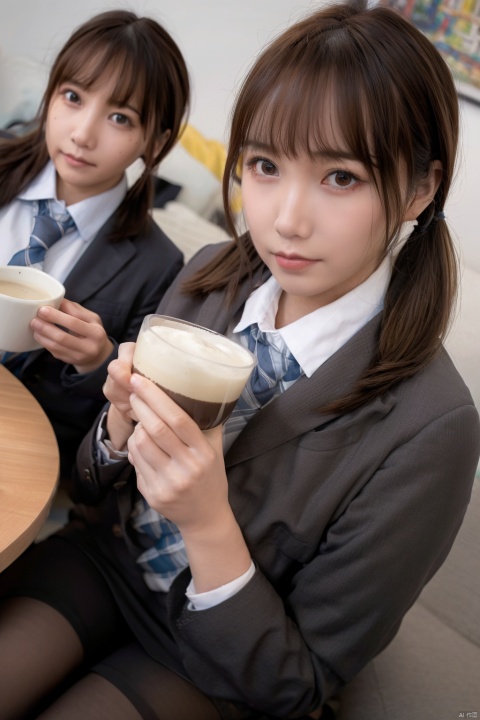 2girls, multiple girls, skirt, brown hair, cup, pantyhose, sitting, mole, realistic,look at viewer,cosplay, necktie, mole under eye, twintails, black hair, long hair, holding cup, pencil skirt, jacket, panties, shirt, mug, office lady, suit , 