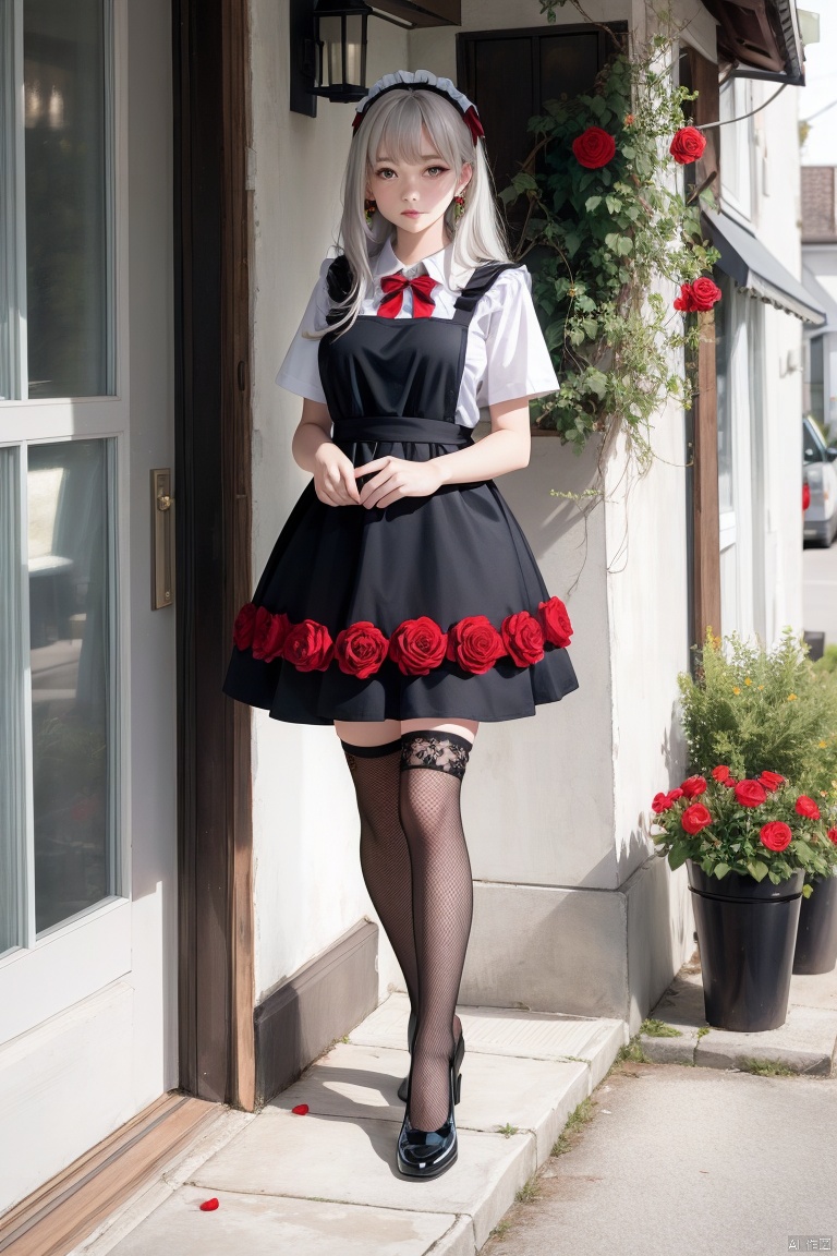  1girl,office lady,dress, thighhighs, walking, long white hair, flower, rose, black footwear, bow, red bow, earrings, bangs, the upper body, looking at viewer, outdoors, red eyes, red flower, long hair, vase, frills, white rose, full body, apron, plant, puffy short sleeves, lace-trimmed legwear,over-kneehighs, fishnet,sunlight