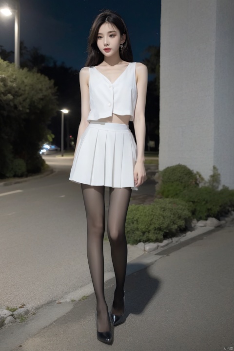  Best quality, 1girl,,full body, bare shoulder, collarbone, open clothes, ,Wearing pure white shirt outside, Wearing black Pleated skirt, wearing pantyhose , shapely body,midnight,