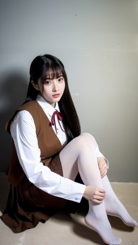  1girl, solo, long hair, lips, brown eyes, skirt,shirt, pantyhose, full body,sitting, brown skirt, school uniform, white shirt, long sleeves, no shoes, barefoot, vest, looking at viewer, brown vest, collared shirt, parted lips, knee up, pantyshot, white pantyhose, brown dress, see-through legwear, pleated skirt, bangs, necktie, toes, neck ribbon, smile, ribbon, brown ribbon, see-through, makeup, white background,simple background,