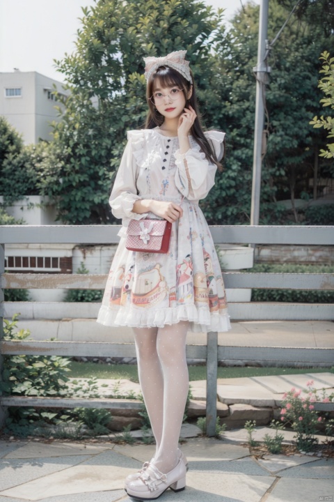  1girl,(lolanse_style dress:1.2),standing,pantyhose, long hair, white footwear, brown hair, shoes, full body, glasses, box, hair ornament, high heels, black hair,lolita fashion, outdoors, white pantyhose,bangs, platform footwear, blush, see-through, ribbon, long sleeves,look at viewer,full body camera,