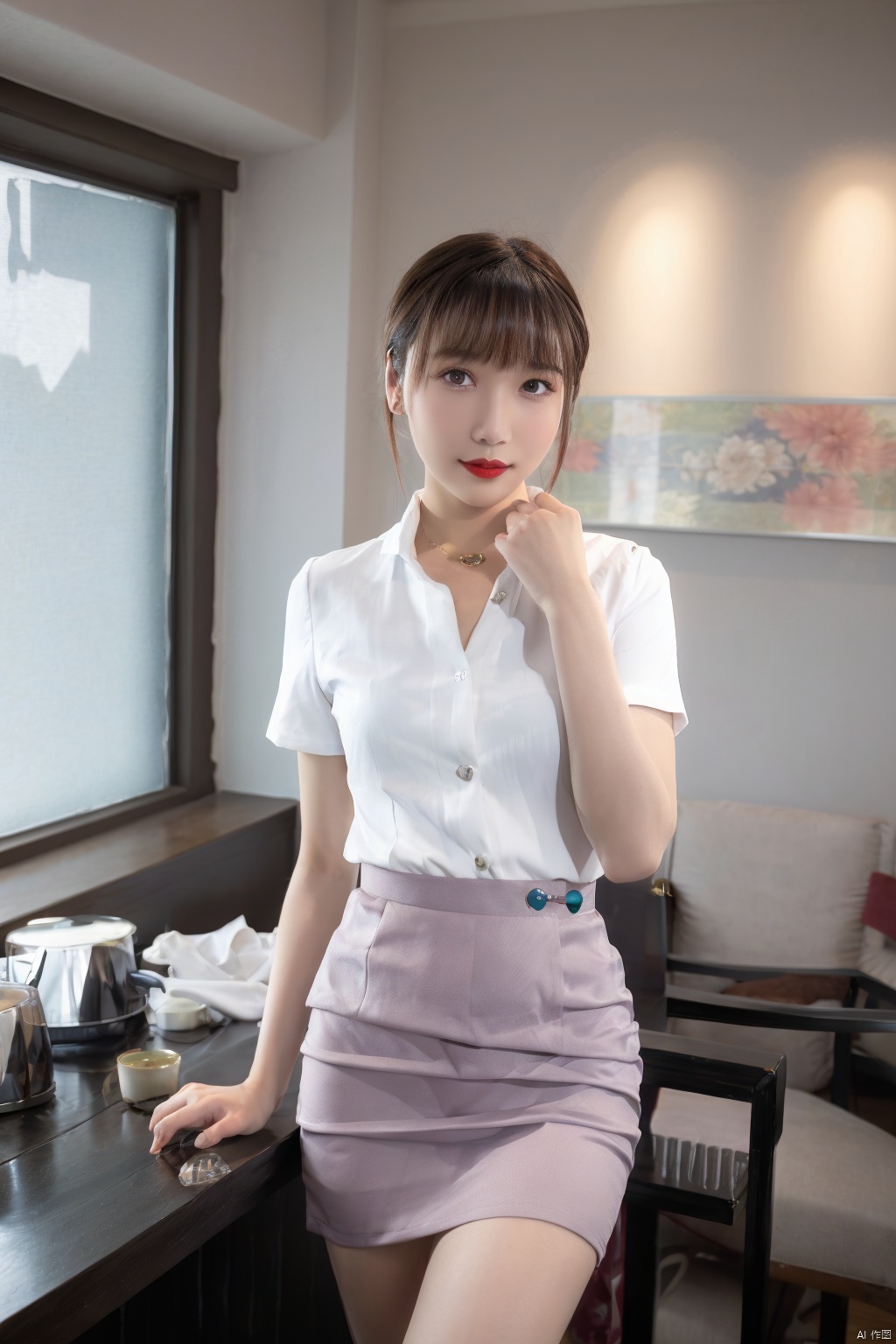  026 style of clothes,1girl, solo, cup, brown hair, realistic, skirt, looking at viewer, indoors, brown eyes, short hair, teacup, jewelry, table, instrument, holding, smile, necklace, holding cup, teapot, red lips, short sleeves, lips, standing, makeup, lipstick, bangs, drum ,