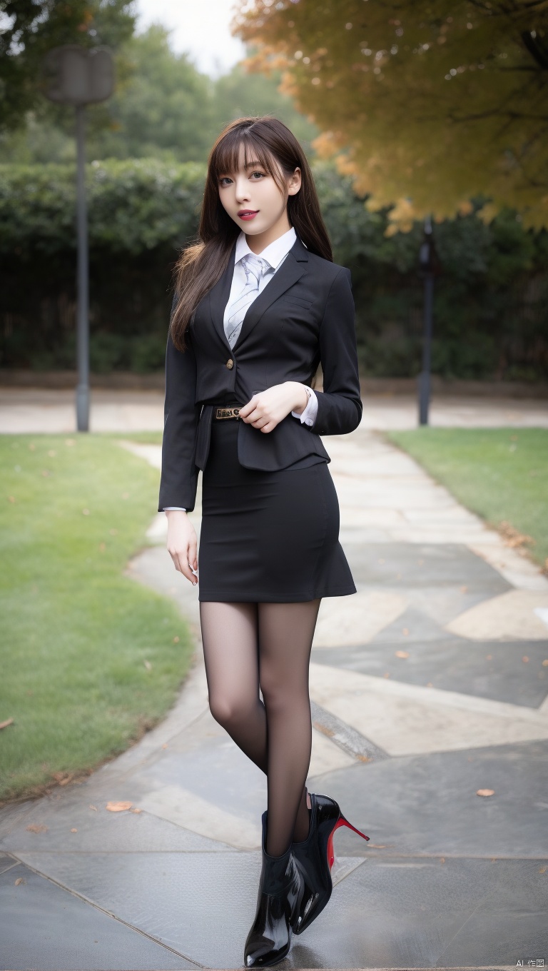  1girl, jacket, skirt, solo, necktie, brown hair, white shirt, shirt, long hair, boots, pantyhose, black skirt, black jacket, black necktie, brown eyes, black footwear, collared shirt, crop top, pencil skirt, outdoors, looking at viewer, knee boots, midriff, full body, open jacket, standing, crossed legs, long sleeves, blurry background, blurry, open clothes, lips, red lips, bangs, smile, head tilt, parted lips, brown jacket, cropped jacket, leather jacket, tree, chain, breasts, shirt tucked in, miniskirt, grey pantyhose, lipstick, walking, leather, belt, high-waist skirt, bush, road, shadow, uniform, realistic, high heels,