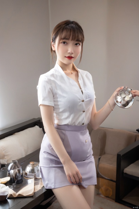  1girl, solo, cup, brown hair, realistic, skirt, looking at viewer, indoors, brown eyes, short hair, teacup, jewelry, table, instrument, holding, smile, necklace, holding cup, teapot, red lips, short sleeves, lips, standing, makeup, lipstick, bangs, drum ,