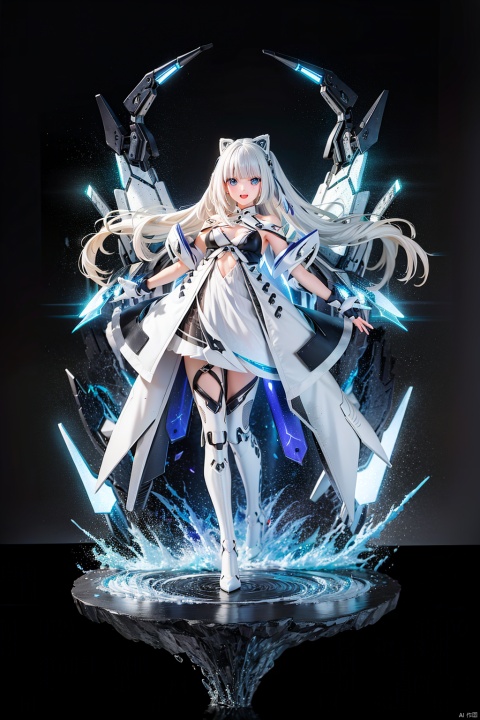  tianqijijijia, girl, long hair, blue eyes, open mouth, gloves, smile, looking at viewer, bangs, full body, mecha musume, dress, high heels, white hair, boots, bare shoulders, white dress, floating hair, high heel boots, thigh boots,