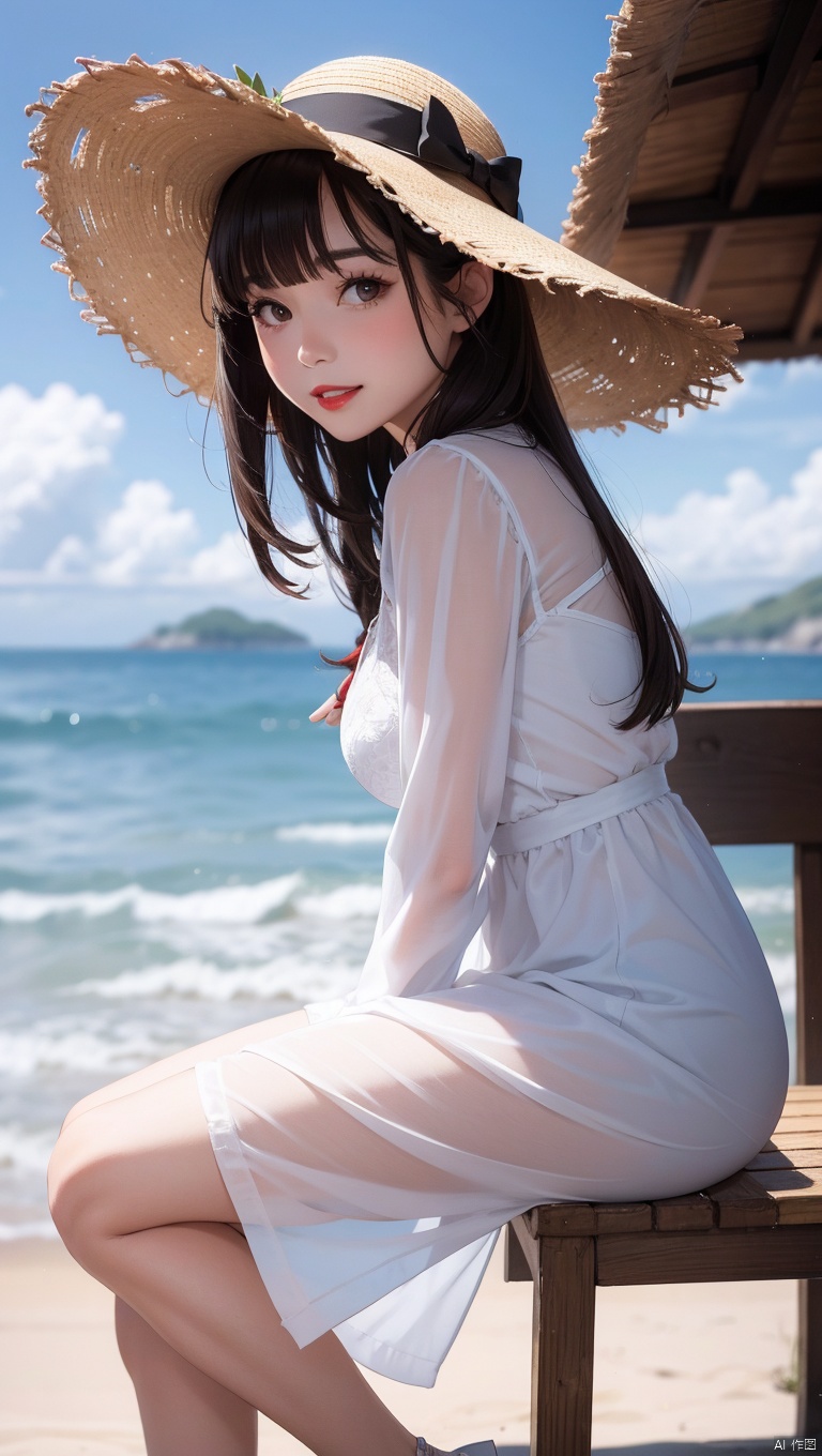  1girl, hat, long hair, solo, outdoors, black hair, dress, white dress, sun hat, looking at viewer, day, black eyes, chair, beach, ocean, blurry, smile, parted lips, dutch angle, straw hat, lipstick, bangs, standing, from side, makeup, water, scenery, sky, teeth, red lips, lips, brown eyes, blurry background, holding, depth of field, sitting, realistic, looking to the side, long sleeves, railing, pale skin, looking back, shore, leaning forward, sundress, breasts, blunt bangs, brown hair, umbrella