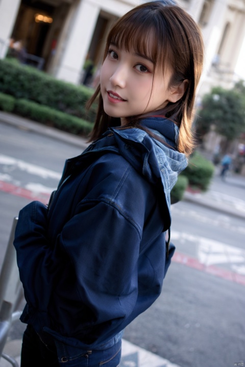  1girl, denim, denim jacket, brown hair, bag, blurry, realistic, jeans, jacket, blurry background, looking at viewer, outdoors, smile, brown eyes, hood, lips, depth of field, long hair, handbag, solo, bangs, solo focus, blue jacket, day, hood down, sky, parted lips, pants, teeth, from side, hoodie, denim shorts, looking to the side, long sleeves, dutch angle ,