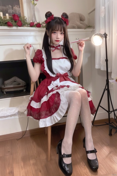  1girl, book, dress, thighhighs, solo, sitting, black hair, flower, rose, black footwear, bow, red bow, indoors, red eyes, red flower, long hair, holding, red rose, bangs, red dress, short sleeves, looking at viewer, hair bow, lamp, candlestand, white thighhighs, doll, red lips, choker, white flower, high heels, shoes, jewelry, skull, lolita fashion, shelf, realistic, painting \(object\), holding book, vase, frills, white rose, full body, open book, blunt bangs, lace trim, bookshelf, double bun, print legwear, earrings, wooden floor, candle, chair, lips, picture \(object\), birdcage, table, red nails, lace, red ribbon, ribbon, loaded interior, nail polish, hair bun, cage, parted lips, apron, plant, puffy short sleeves, twintails, stuffed toy, lace-trimmed legwear, smile, puffy sleeves, picture frame, collarbone, breasts, makeup, lipstick, heart, frilled dress, mary janes, white apron, lace-trimmed dress, hair ornament, neck ribbon, closed mouth, floral print, halo, cabinet, hat, potted plant, footwear bow, fireplace, print dress, pink bow, hands up