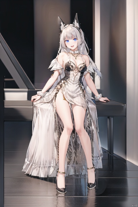  1girl, long hair, blue eyes, open mouth, smile, looking at viewer, bangs, sitting,full body, mecha musume, dress, high heels, white hair, boots, breasts, jewelry, earrings, standing, cleavage, necklace, brown eyes, white dress, large breasts,parted lips, see-through, looking at viewer, strapless dress, reflection,
