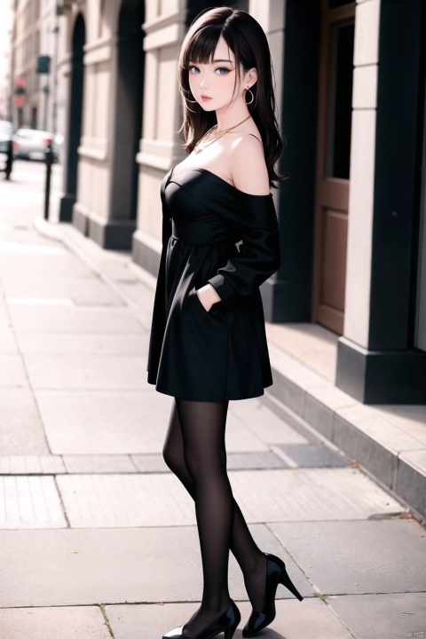  1girl,full body, high heels, pantyhose, jewelry, earrings, black footwear, long hair, holding, black hair, full body, black pantyhose, breasts, red lips, looking at viewer, standing, bare shoulders, can, off shoulder, bangs, stiletto heels, blurry, legs, white jacket, holding can, medium breasts, realistic, blurry background, lips, hoop earrings, jacket, makeup, lipstick, open clothes, parted lips, watermark, strapless, dress, brown hair, web address, black dress, long legs, nail polish, necklace, black leotard, shiny clothes, walking, leotard, long sleeves, from side, leather, shoes, shiny, open jacket, piercing, nose, fashion, black eyes, brown eyes, outdoors, artist name, red nails, depth of field, crossed legs, blue eyes, brown pantyhose, hand in pocket