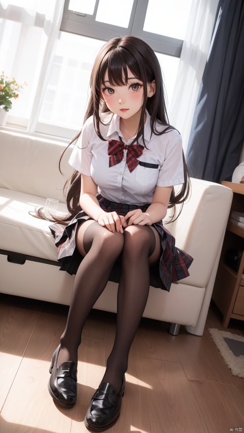  1girl,liips,shirt, skirt, long hair, plaid, pantyhose,shoes, full body, long hair, white shirt, torn clothes, school uniform, plaid skirt, short sleeves, torn pantyhose, sitting, knees together feet apart, pleated skirt, black pantyhose, loafers,black footwear, bangs, drawer, red skirt, thighhighs, cleft of venus, black skirt, arm support,indoors,