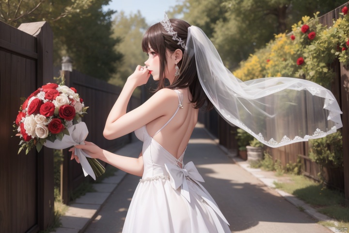  1boy,1girl, bouquet, flower, dress, jewelry, earrings, long hair, brown hair, green dress, wedding dress, red flower, veil, rose, bare shoulders, holding bouquet, white rose, outdoors, profile, sleeveless dress, from behind,standing, hair bow, bridal veil, bride, sleeveless, bow, ribbon, black hair, red lips, from side, hair ribbon, lips, breasts, cowboy shot, half updo, hand on own face,sunlight,