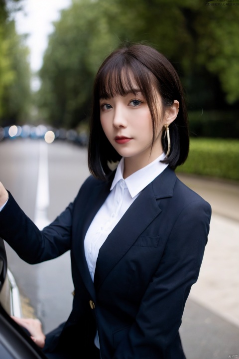 2 girls, steering wheel, jewelry, earrings, solo, blurry, shirt, black hair, looking at viewer, jacket, formal, white shirt, suit, driving, depth of field, collared shirt, blurry background, bangs, black jacket, medium hair, lips, dress shirt, seatbelt, bra, black eyes, makeup, web address, sitting, suit jacket, breasts, lipstick, underwear,  long hair, open jacket, parted bangs, medium breasts, upper body, open clothes, brown hair, swept bangs, brown eyes, nose, long sleeves, tree, short hair, blue eyes, closed mouth, wing collar, reflection,  blazer, blurry foreground,