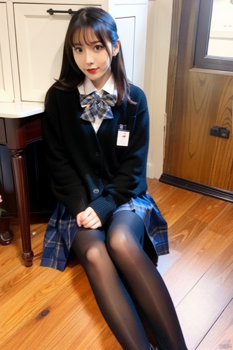  1girl, 30 years old, solo, skirt,jkkaishan_style skirt, curtains, pantyhose, mirror, plaid, brown hair, sitting, holding flower, plaid skirt, indoors, long hair, black footwear, shoes, loafers, flower, long sleeves, black pantyhose, blue skirt, black cardigan, cardigan, school uniform, knees together feet apart, bow, vase, cabinet, bowtie, chest of drawers, full body, shirt, wooden floor, pleated skirt, drawer, windowsill, window, pink nails, hand up, sleeves past wrists, pink flower, bangs, carpet, blue bowtie, reflection, black jacket, white shirt, between legs, jacket, brown eyes, cosmetics, collared shirt, blue bow, hand between legs, rug, miniskirt, plaid bow, pigeon-toed, plant, black bowtie, looking at viewer, potted plant, desk, lipstick tube, looking at viewer, plaid bowtie, hand on lap, table, black bow, sweater, pink rose, checkered clothes,