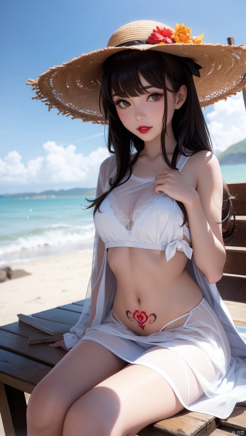  1girl,hat, long hair, solo,outdoors, black hair, dress, white dress, sun hat, looking at viewer, day, black eyes, chair,abdomen, see through dress hemline,(abdomentattoo4,abdomen tattoo:1.4),beach, ocean, blurry, parted lips, dutch angle, straw hat, lipstick, bangs, makeup, water, scenery, sky, red lips, brown eyes, blurry background, depth of field, sitting, realistic, sundress,blunt bangs, umbrella,