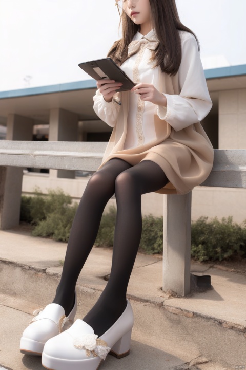 1girl, solo, dress, sitting pantyhose, long hair, white footwear, brown hair, shoes, holding, full body, glasses,hair ornament, high heels, black hair,white pantyhose, platform footwear,  see-through, ribbon, long sleeves, good anatomy, good proportions, shapely body,outdoors