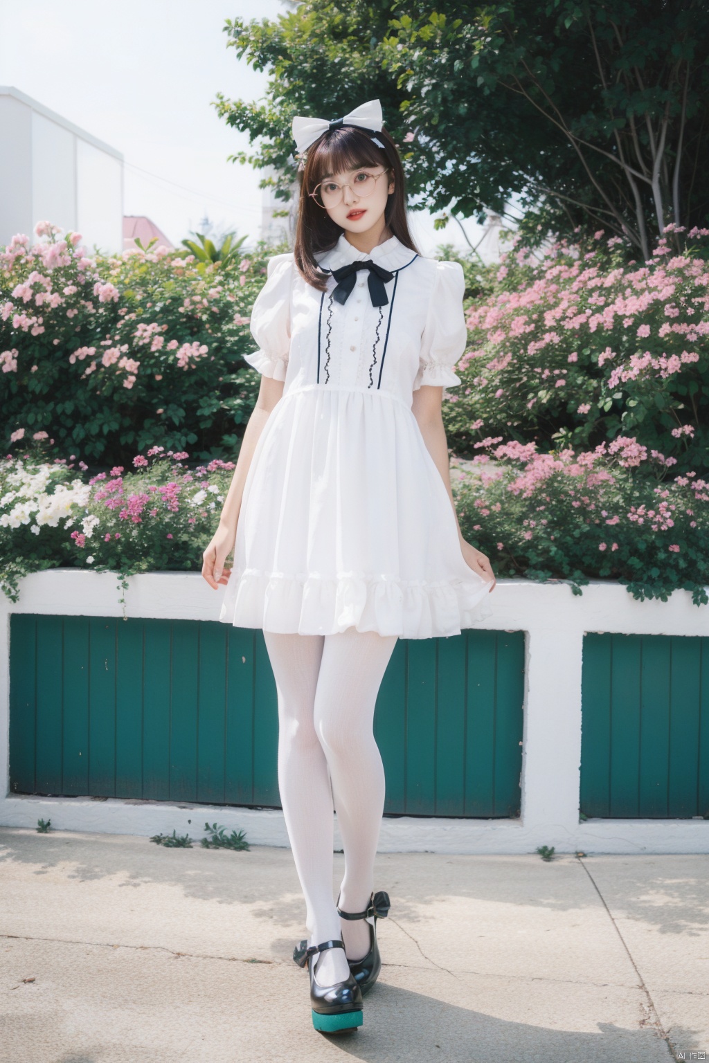 1girl,solo,look at viewer, dress,(lolanse_style dress), standing, pantyhose, long hair, white footwear, brown hair, shoes, full body, glasses, box, hair ornament, high heels, black hair, flower, bow, lolita fashion, white pantyhose, platform footwear, see-through, ribbon, outdoors