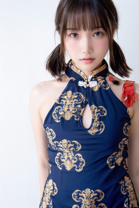  cxmxlz,1girl, solo, realistic, brown hair, dress, chinese clothes, twintails, china dress, brown eyes, looking at viewer, lips, breasts, short hair, white background, simple background, medium breasts, bangs, short twintails, nude, sleeveless dress, blue dress, artist name, short dress, cowboy shot, sleeveless, bare shoulders, print dress, shadow, nose, watermark, clothing cutout,
