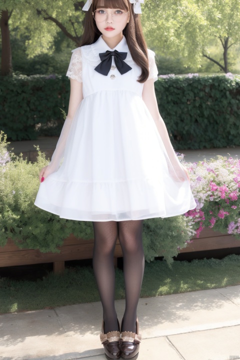 1girl,solo,look at viewer, dress,(lolanse_style dress), standing, pantyhose, long hair, white footwear, brown hair, shoes, full body, glasses, box, hair ornament, high heels, black hair, flower, bow, lolita fashion, white pantyhose, platform footwear, see-through, ribbon, outdoors