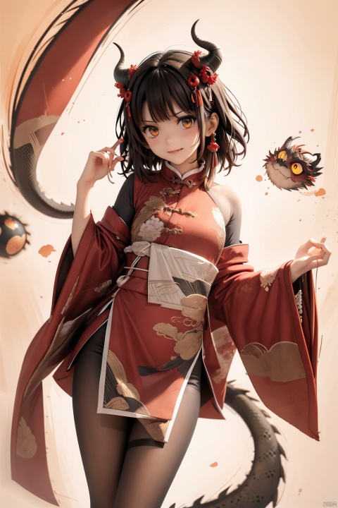  lbbd,ragon,red,anger,angry,horns,tail,dragon tail,red hair,dragon horns,standing,smile, chinese, dofas,chinese new year