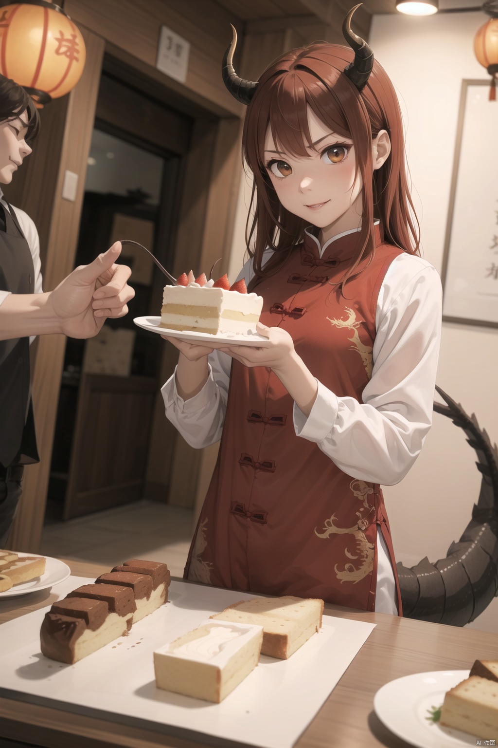  lbbd,ragon,red,anger,angry,horns,tail,dragon tail,red hair,dragon horns,standing,smile, chinese, dofas,chinese new year,eat cake,bread eating