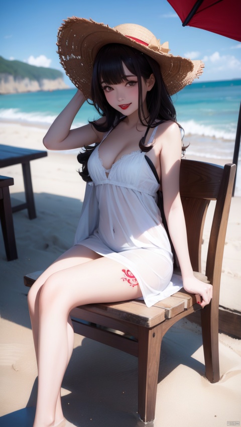  1girl,hat, long hair, solo,abdomen tattoo,outdoors, black hair, dress, white dress, sun hat, looking at viewer, day, black eyes, chair,bare abdomen, beach, ocean, blurry, smile, parted lips, dutch angle, straw hat, lipstick, bangs, makeup, water, scenery, sky, teeth, red lips, brown eyes, blurry background, holding, depth of field, sitting, realistic, looking to the side, railing, pale skin, shore, sundress,blunt bangs, umbrella,abdomen tattoo under dress,(abdomentattoo1:1.4),