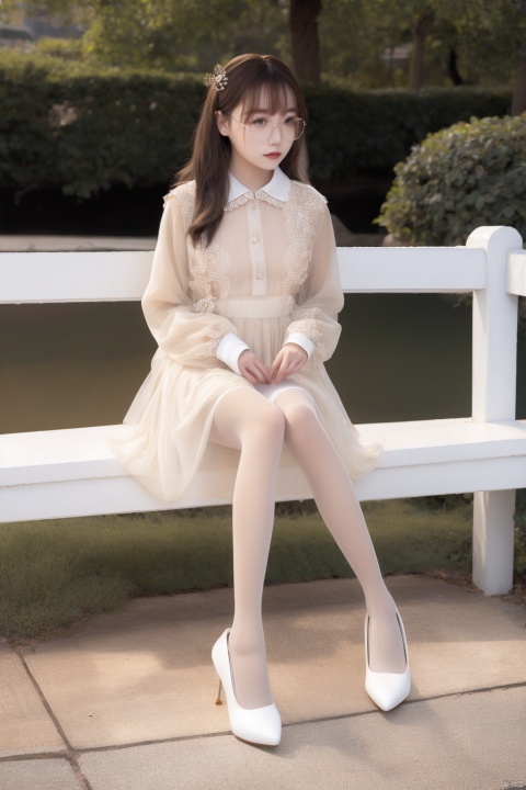 1girl, solo, dress,lolanse_style dress, sitting pantyhose, long hair, white footwear, brown hair, shoes, holding, full body, glasses,hair ornament, high heels, black hair,white pantyhose, platform footwear,  see-through, ribbon, long sleeves, good anatomy, good proportions, shapely body,outdoors