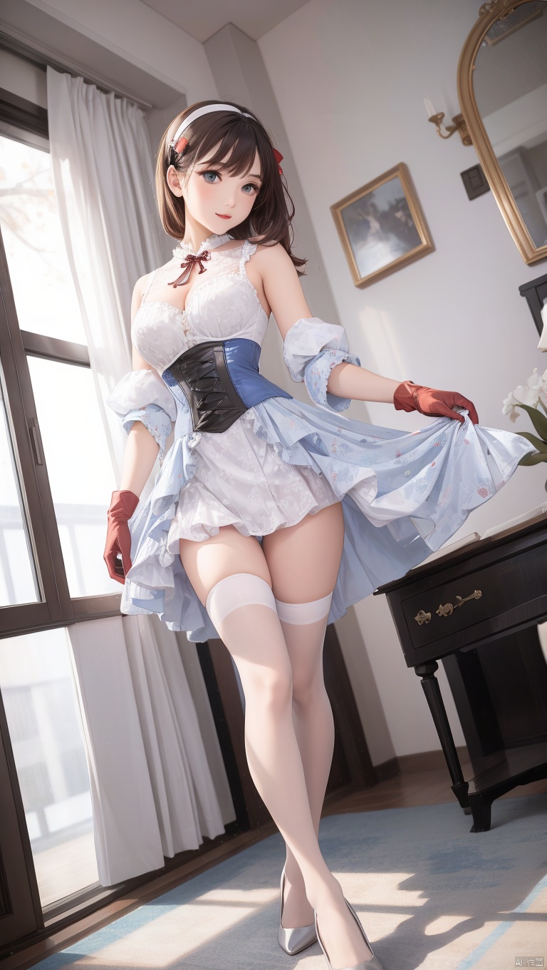  1girl, solo, sakuma mayu, brown hair, gloves, hairband, dress, blue eyes, ribbon, looking at viewer, choker, smile, thighhighs, print dress, chinese dress,full body, bow, bare shoulders, detached sleeves, curtains, short hair, pantyhose, white gloves, frills, lips, artist name, standing, puffy detached sleeves, wooden floor, hair ornament, long hair, shoes, red footwear, pink footwear, bangs, high heels, tutu, breasts, white dress, white pantyhose, white thighhighs, medium hair, signature, hair bow, puffy sleeves, red ribbon, ballet slippers, see-through, corset, watermark, heart, ballerina, hair ribbon, skirt, blunt bangs, indoors, white background