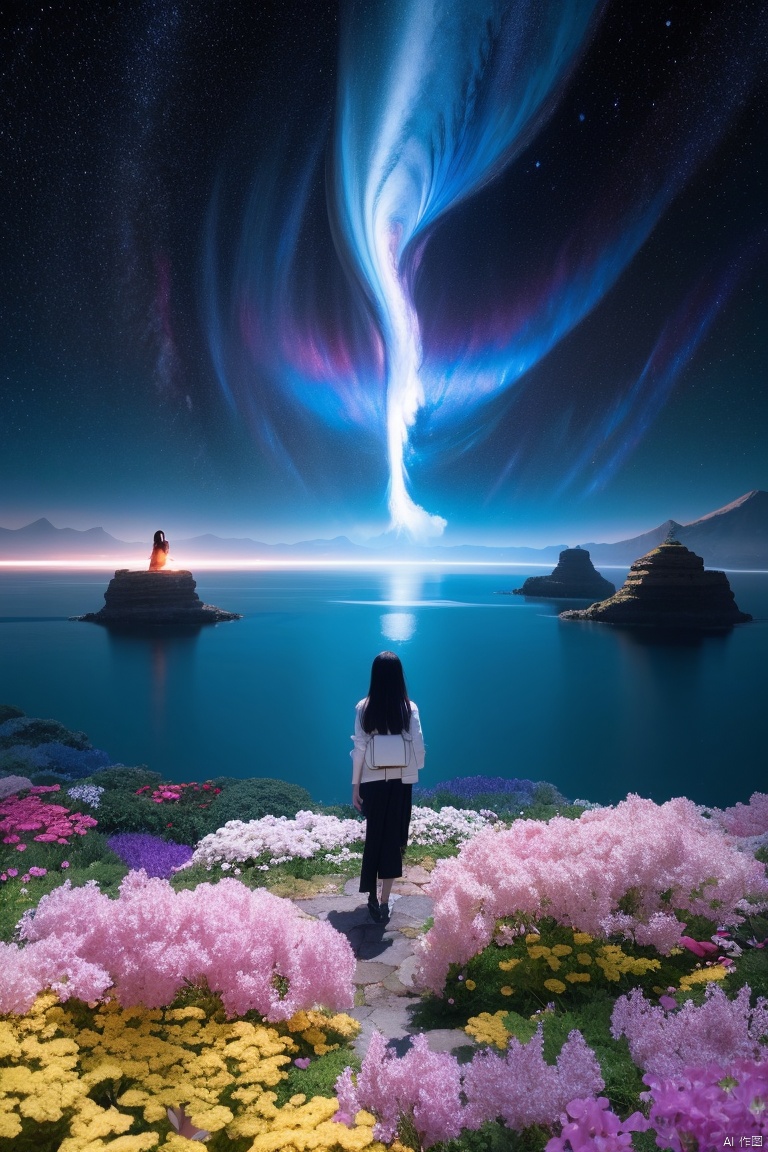  In an ultimate rendition of a fantastical landscape, a small girl stands amidst surreal, holographic structures and luminescent flora and fauna. She is seen from behind, adding a sense of scale and wonder. Mesmerized by the dazzling array of colors, intricate design of floating islands, and light streams, her silhouette conveys curiosity and amazement as she gazes into the beauty of this otherworldly utopia. The scene encapsulates an ethereal quality, with the girl's presence inviting viewers to imagine themselves exploring the transcendent environment.