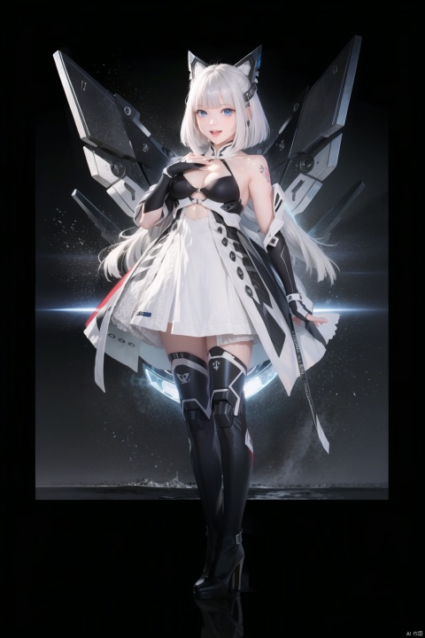  tianqijijijia, solo, 1girl, long hair, blue eyes, open mouth, gloves, smile, looking at viewer, bangs, full body, mecha musume, dress, high heels, white hair, boots, tattoo, thighhighs,breasts, elbow gloves, heart, bare shoulders, white dress, floating hair, high heel boots, thigh boots,