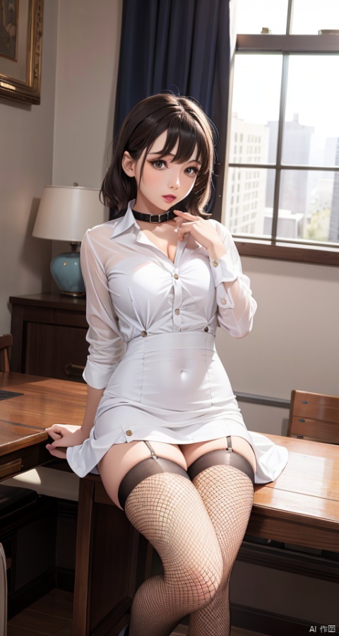  1girl,short wavy hair,lips,shirt,dress,stockings,parted_lips,bangs,Wearing collar shirt,dress,(lolanse style dress),fishnet stockings,