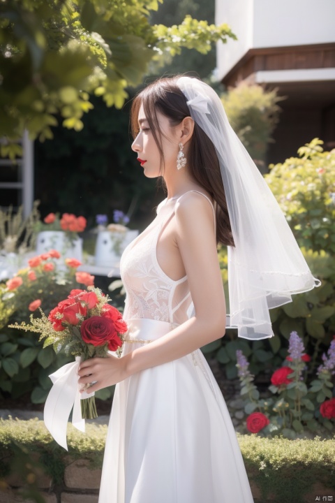  1 girl, bouquet, flower, dress, jewelry, earrings, long hair, brown hair, green dress, wedding dress, red flower, veil, rose, bare shoulders, holding bouquet, white rose, profile, sleeveless dress,standing, hair bow, bridal veil, bride, sleeveless, bow, ribbon, black hair, red lips, hair ribbon, lips, breasts, cowboy shot, half updo, hand on own face, (Sunny Day, Walking in the Garden),