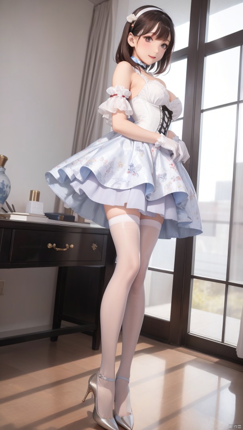  1girl, solo, sakuma mayu, brown hair, gloves, hairband, dress, blue eyes, ribbon, looking at viewer, choker, smile, thighhighs,  print dress, chinese dress,full body, bow, bare shoulders, detached sleeves, curtains, short hair, pantyhose, white gloves, frills, lips, artist name, standing, puffy detached sleeves, wooden floor, hair ornament, long hair, shoes, red footwear, pink footwear, bangs, high heels, tutu, breasts, white dress, white pantyhose, white thighhighs, medium hair, signature, hair bow, puffy sleeves, red ribbon, ballet slippers, see-through, corset, watermark, heart, ballerina, hair ribbon, skirt, blunt bangs, indoors, white background