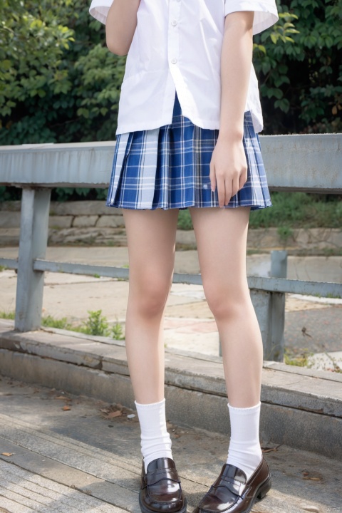  cxmxlzlxx,1girl, white socks, white panties, panties, underwear, skirt,jkfangxue2_style skirt, socks, standing, long hair, plaid, school uniform,shoes,black footwear,female masturbation, white shirt, outdoors, through clothes, short sleeves, fingering through clothes, masturbation through clothes, striped bow, frilled socks, full body,