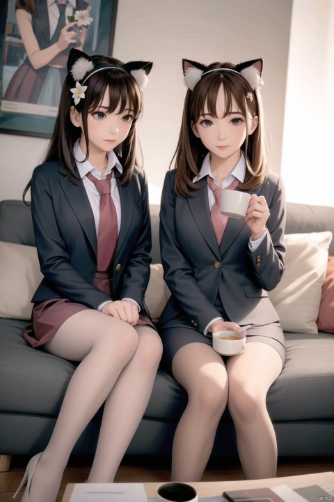 2girls, multiple girls, high heels, brown hair, necktie, sitting, skirt, pantyhose, fake animal ears, shirt, couch, long hair, animal ears, cup, realistic, indoors, office lady, jacket, flower, white footwear, hair flower, pencil skirt, formal, suit, hairband, white shirt, legs, pillow, holding, bag, blurry, collared shirt, cat ears, skirt suit, hair ornament, pink skirt ,