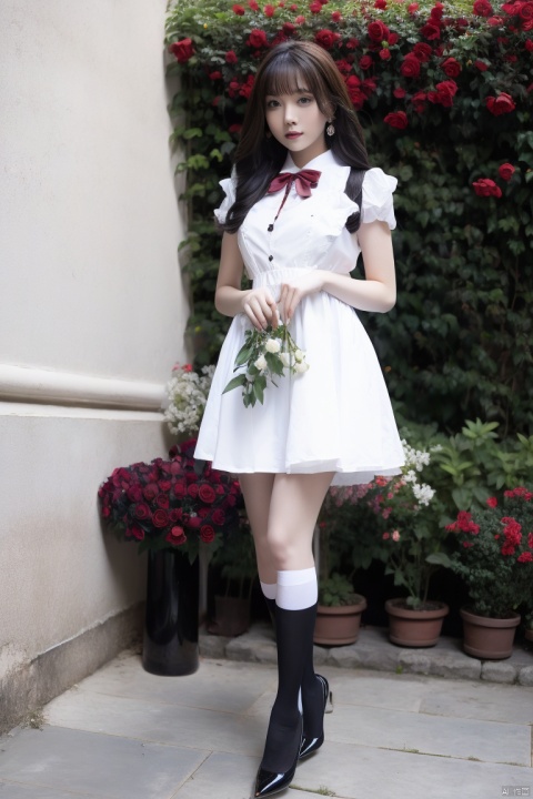  1girl,office lady,dress, lips, thighhighs, walking, long white hair, flower, rose, black footwear, bow, red bow, earrings, bangs, the upper body, looking at viewer, outdoors, red eyes, red flower, long hair, vase, frills, white rose, full body, apron, plant, puffy short sleeves, lace-trimmed legwear,over-kneehighs, fishnet,sunlight